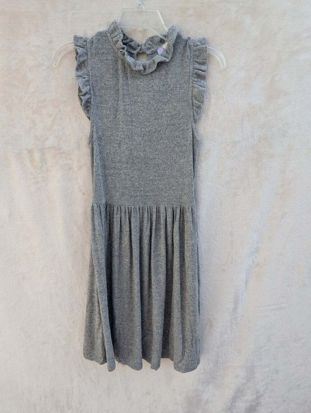 Alya Grey Ribbed Knit Sleeveless Ruffle Collar Dress Medium